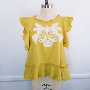 THML | Embroidery Ruffle Peplum Top‎ L